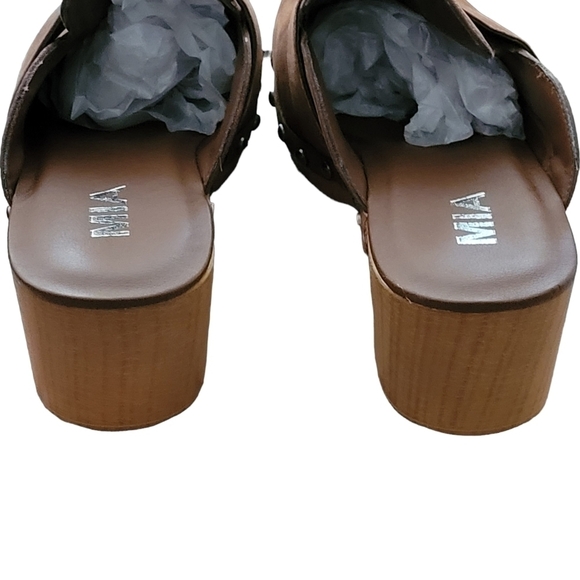 MIA Daisy Heel Clogs Brown Studs Wood Suede Slip On Vegan Leather 70s Y2K NEW - Picture 9 of 16